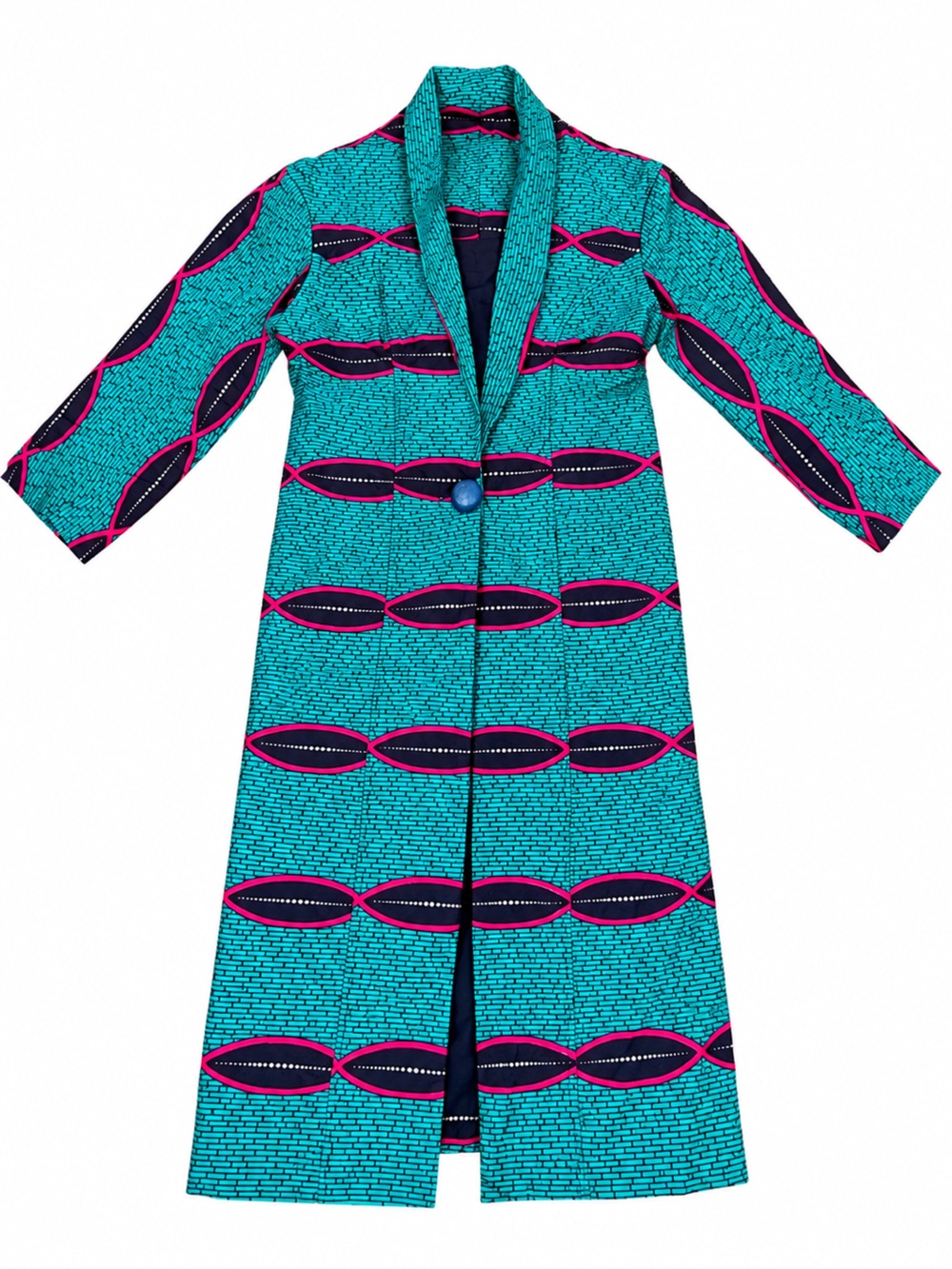 Turquoise Ankara Print Long Duster Coat Shawl Collar Button Front Jacket